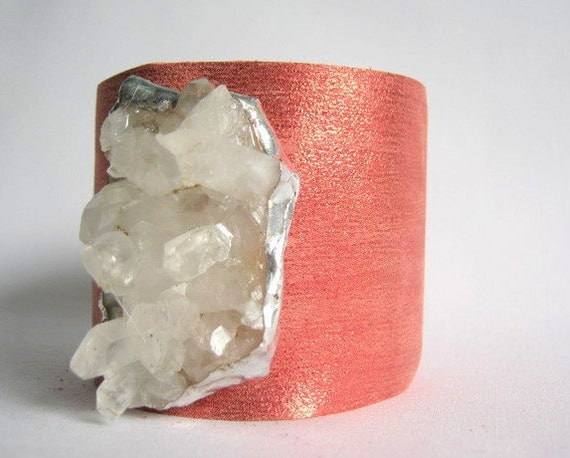 leather cuff bracelet - neon tangerine leather with quartz crystal geode size 1