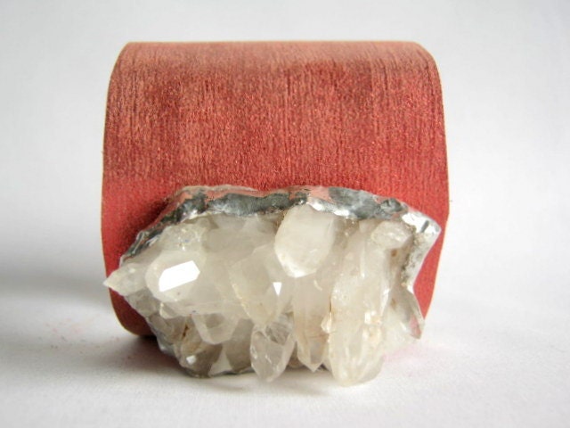 leather cuff bracelet - neon tangerine leather with quartz crystal geode size 1