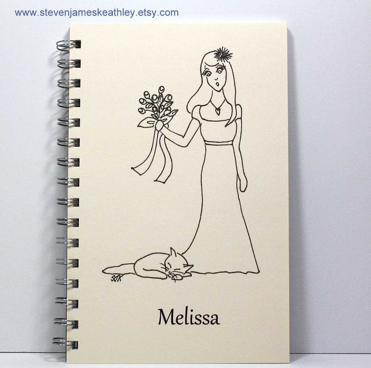 Large Journal Wedding Planner Diary Notebook Memory Book - Bride With Sleeping Cat - Original Art - Ivory