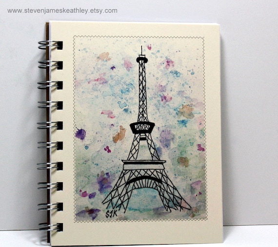 Travel Journal Notebook Sketch Book Diary - Eiffel Tower - Original Watercolor Art - Ivory