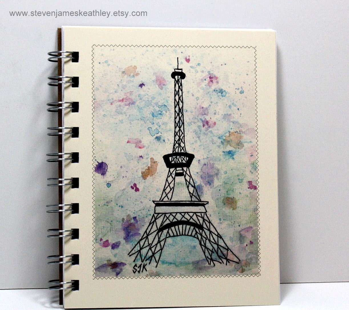 Travel Journal Notebook Sketch Book Diary - Eiffel Tower - Original Watercolor Art - Ivory
