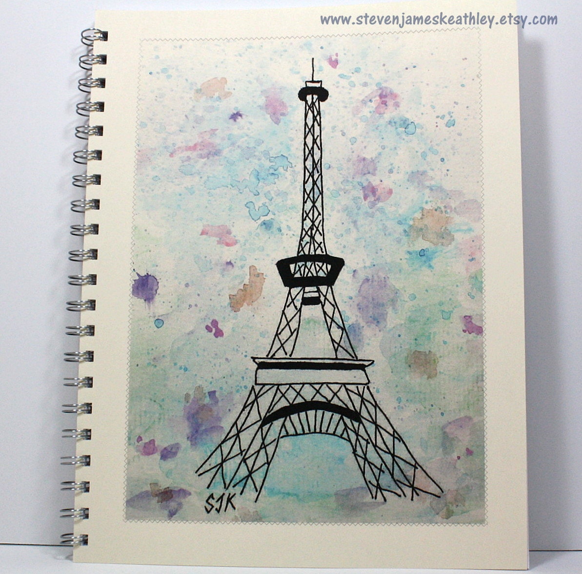 Extra Large Journal Notebook Diary Sketch Book - Eiffel Tower Watercolor - Original Art