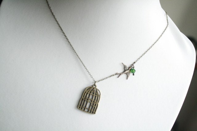 Adorable Birdcage Necklace in Brass with Flying Sparrow