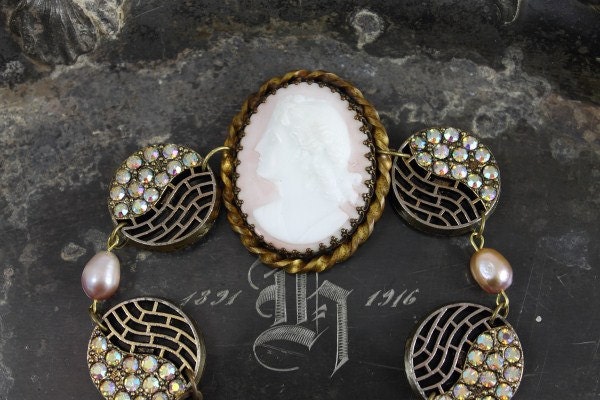 Vintage Assemblage Bracelet w/ Pink Cameo and Aurora Rhinestone Buttons