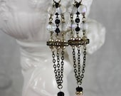 Long Dangle Assemblage Earrings w/ Pink, Black and Gold Beads