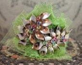 Assemblage Cuff Bracelet featuring Handmade Green Rosette and Multi-Colored Rhinestone Earrings