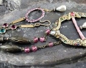 Assemblage Necklace featuring Vintage Belt Buckle with Pastel Stones and Pearls, Pink Rosary, Pink Seam Binding