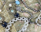 Vintage Assemblage Necklace Featuring Paste Art Deco Findings, Blue Rosary Beads, Crown Charm