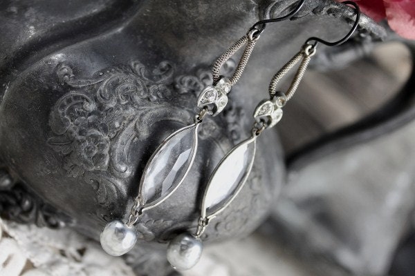 Assemblage Earrings Featuring Art Deco Elements and Old Pearls