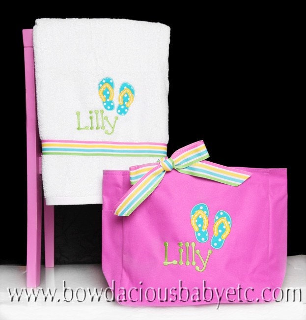 Personalized Beach Tote Bag and Personalized Ribbon Towel, Flip Flops ...