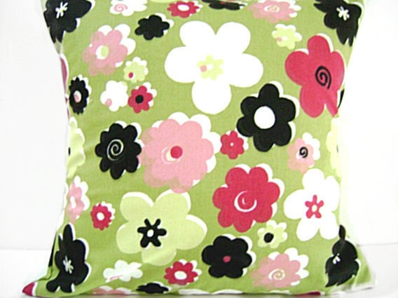 Pillow Covers Floral Green Chartreuse Lime Magenta Pink Black White Retro Decorative Cushions Pair 18x18