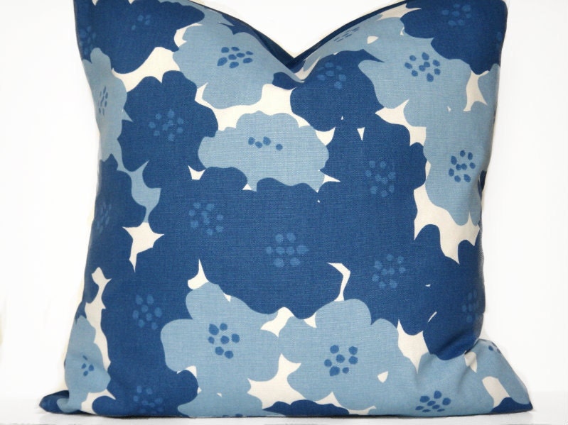 Blue Floral Pillow Cover Primrose Dark Blue Baby Blue White Modern Decorative Repurposed 18x18