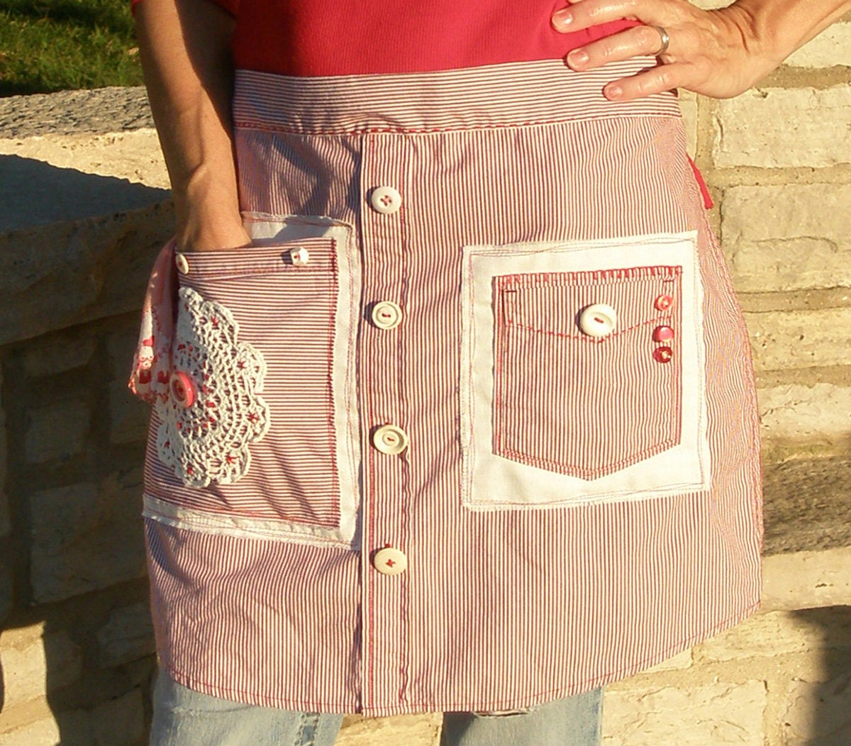 Cute Red Apron from recycled men's dress shirt.