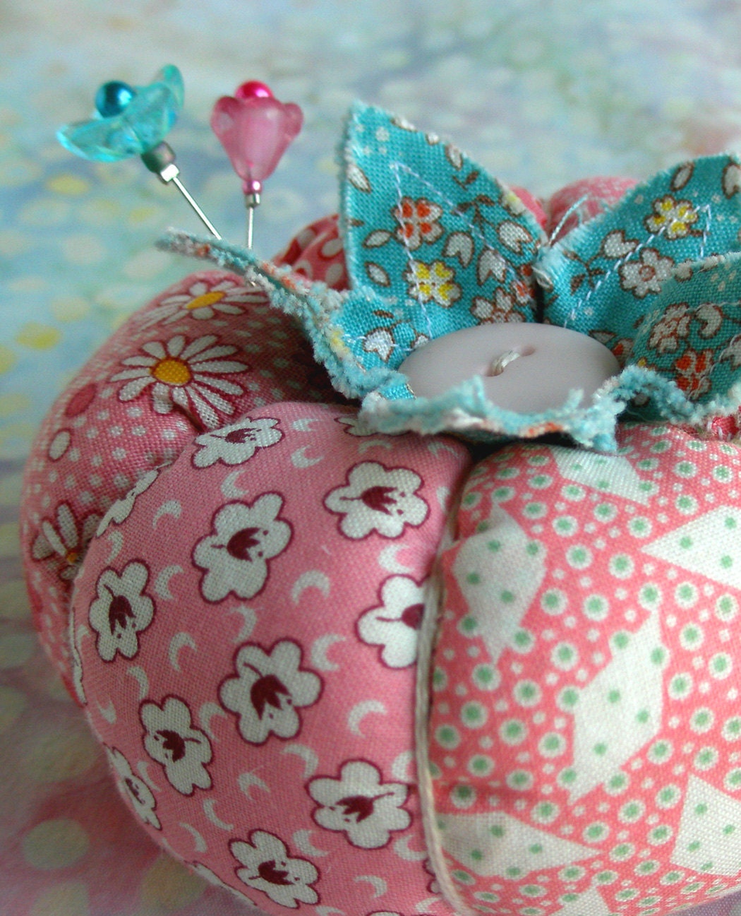 1930's Inspired Patchwork Tomato Pincushion In Pink and Red -Made to Order