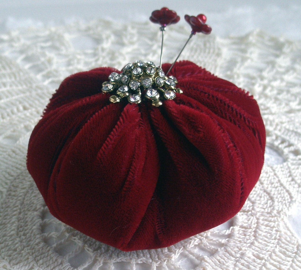 Red Velveteen Pincushion with Rhinestones