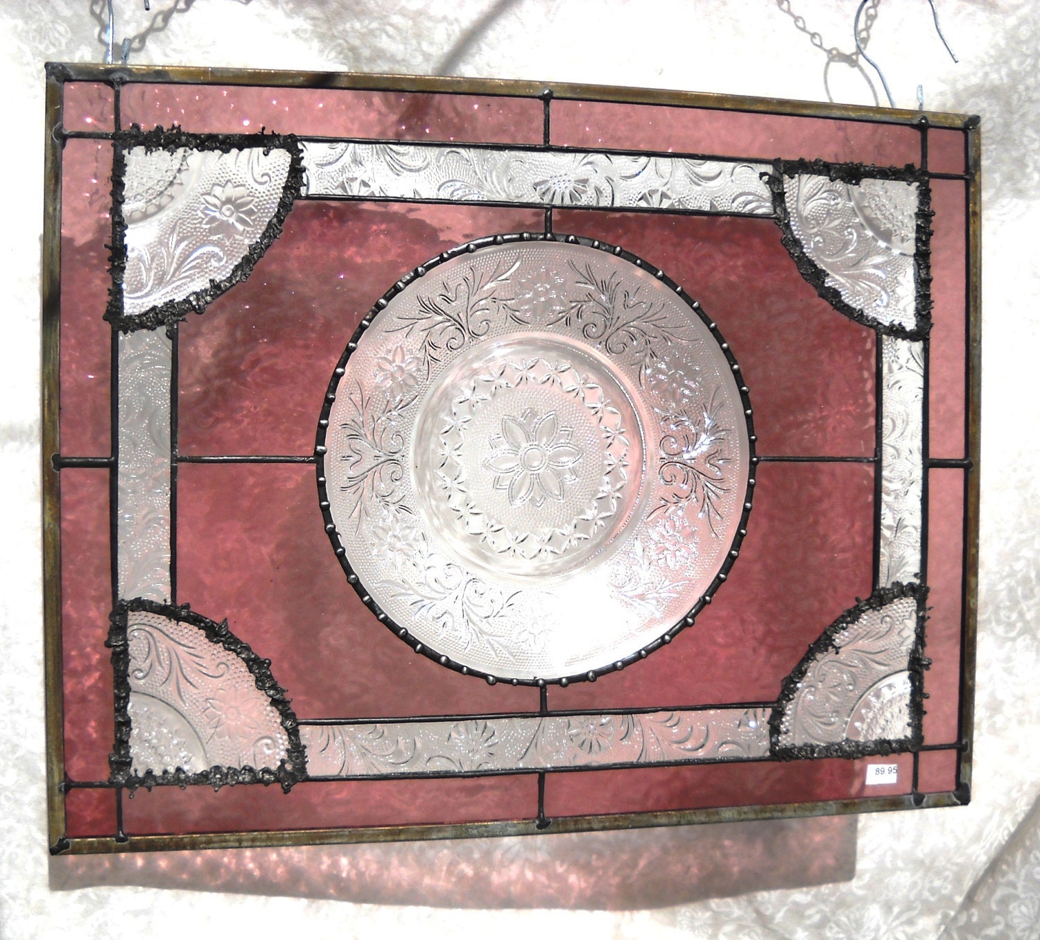 Stained Glass Panel Vintage Depression Glass Sandwich Glass Plate Panel in Heather Pink