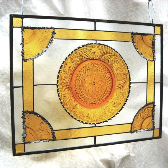 Vintage Sandwich Glass Stained Glass Plate Panel with Amber Tiara Dishes