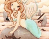 mermaid siren girl with bone 8 by 10 print -Siren's Rock-