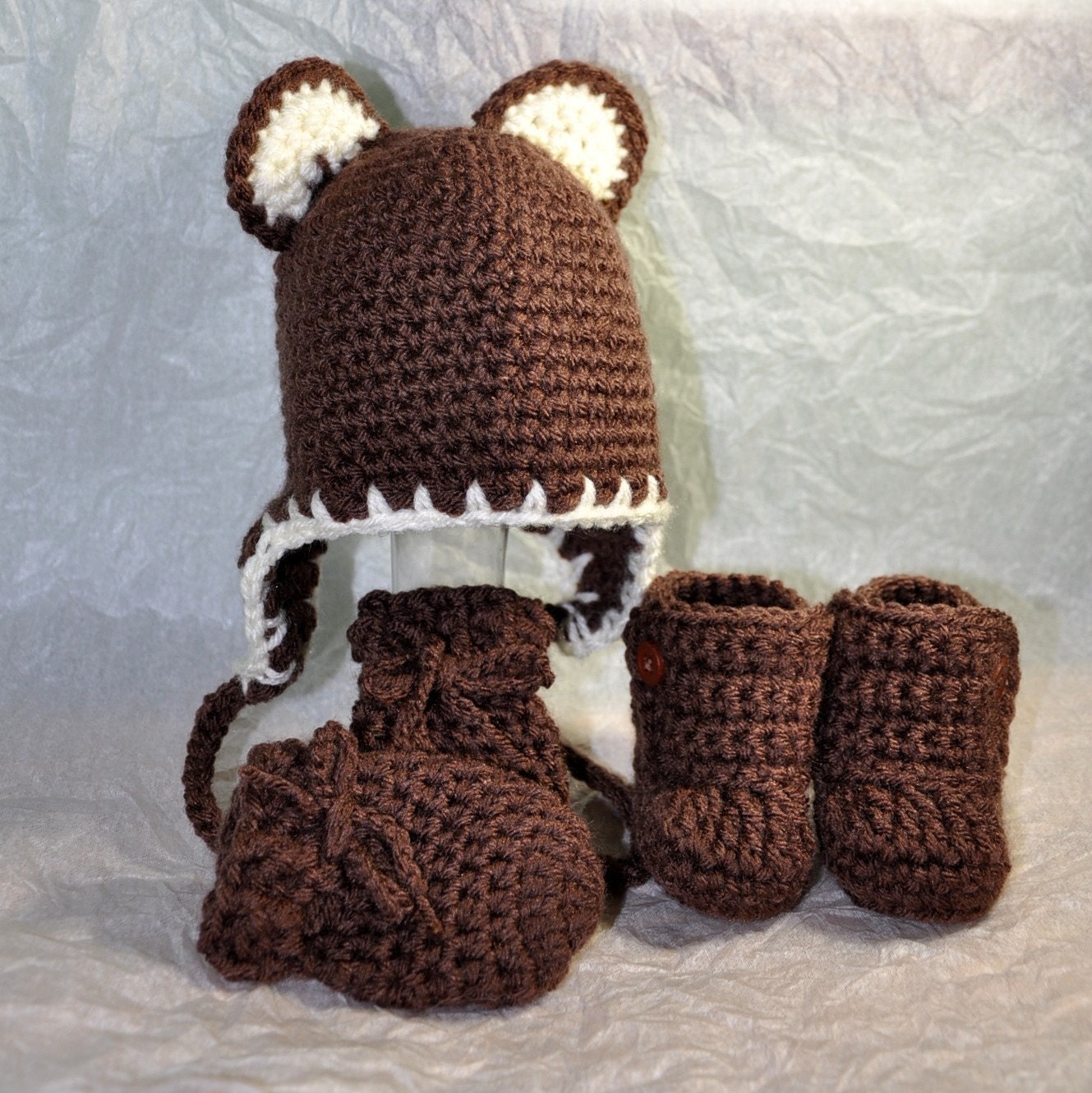 Hat, Mittens and Booties Teddy Bear Earflap Hat in size 6 to 12 months
