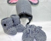 Bunny Earflap Hat, Booties and Mittens in size 0 to 6 Months