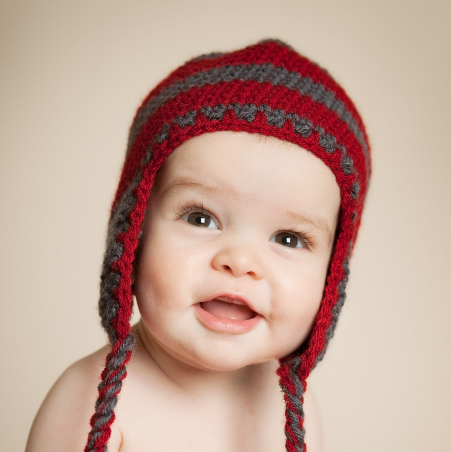 Childs Earflap Hat Beanie with Braid, Made to Order in size 6 to 12 months