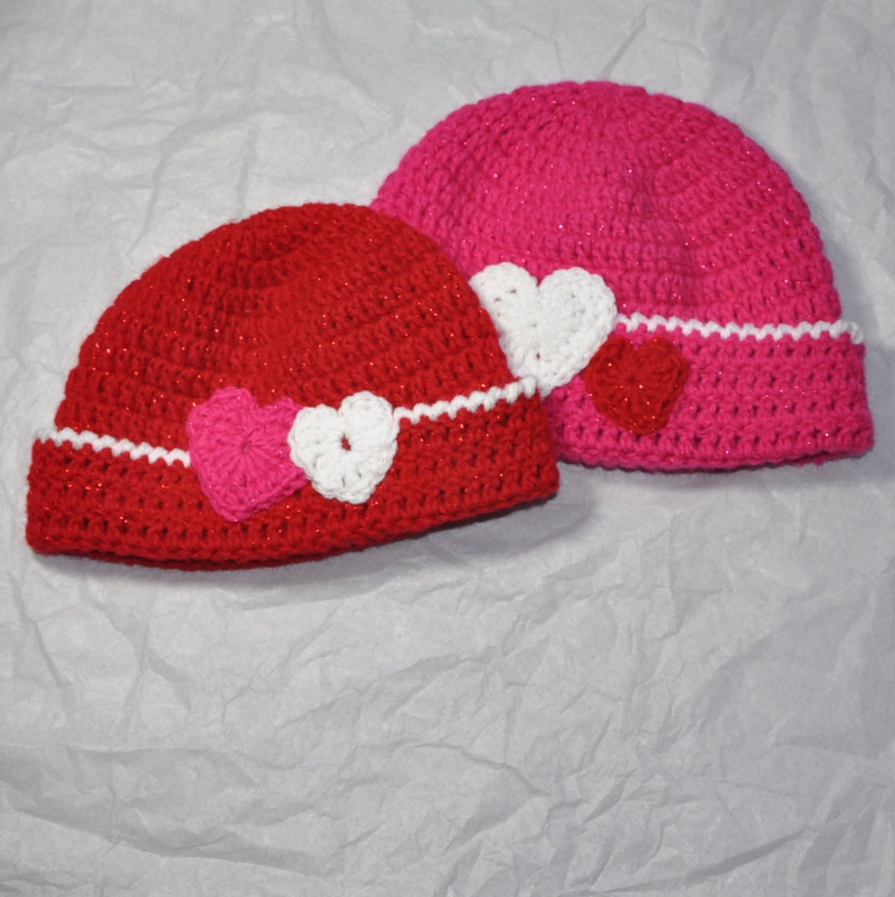 Baby Hat, Pink Beanie with red  and white hearts for Valentines Day in size 6 to 12  months
