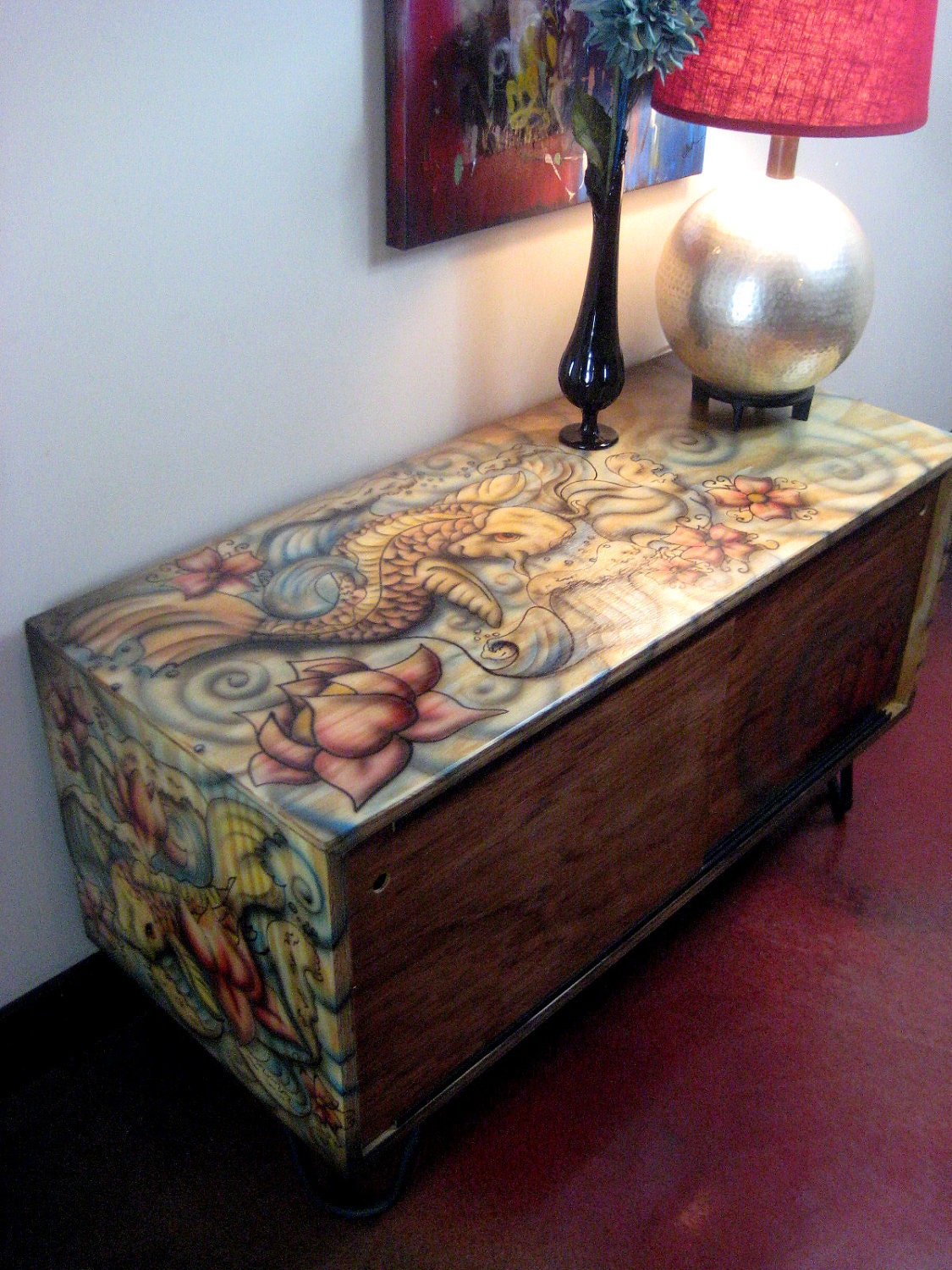 Lotus and Koi Tattoo Inspired Bookcase/ Media Console
