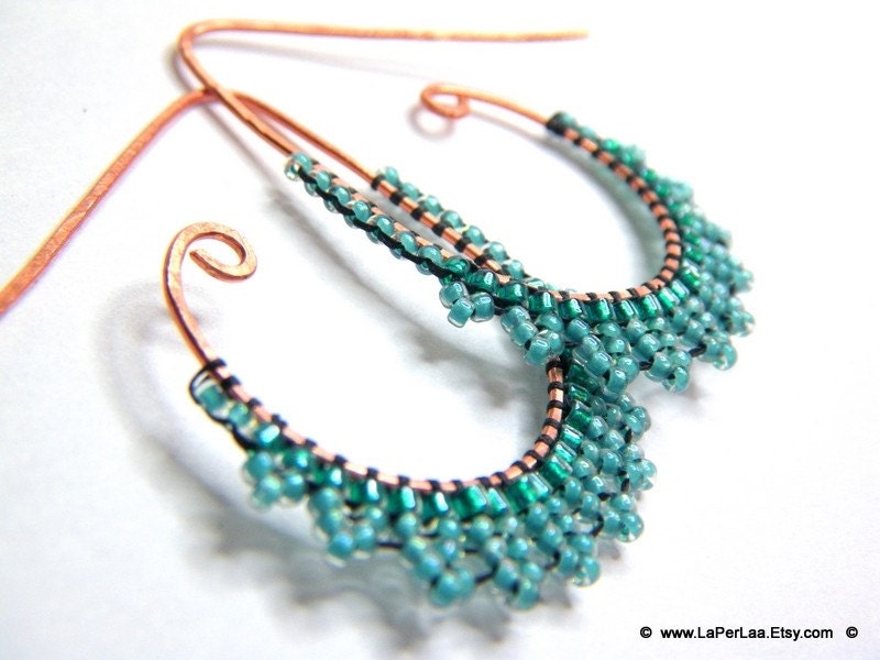 ETRUSCAN Filigree lace sky earrings- beaded lace on handmade oxidised drop shaped hoops copper earrings - Made in Italy