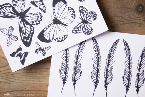 MIXED BLANK CARDS set of 6 with envelopes. butterflies and feathers illustration. Nature inspired. White, ivory. Gift set.