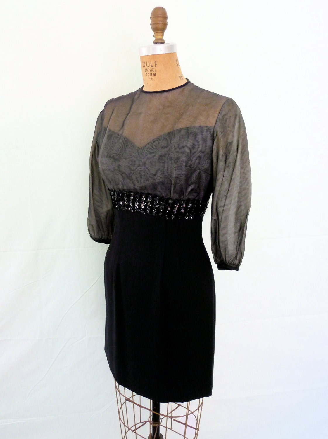 1960s Black Cocktail Dress 60s Mini Dress Blouson Sleeve Sheer Chiffon Sequin Sweetheart Dress XS S