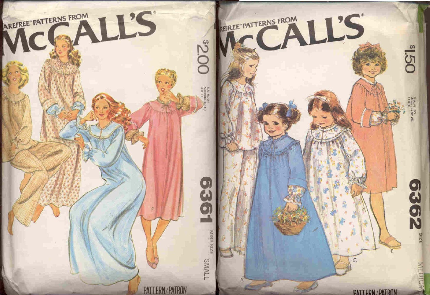 McCalls 6361 and 6362 Matching Vintage mother daughter sleepwear patterns