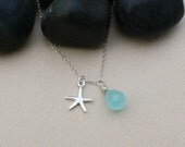 Aqua Quartz Gemstone Briolette and Starfish Charm Necklace-Sterling Silver Chain-Delicate Wedding Bridesmaid