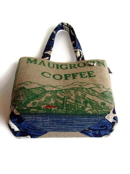 Burlap Tote Handbag, Custom and Eco Friendly Purse. Repurposed Mauigrown Coffee Bag. Handmade in Hawaii. Made to Order.
