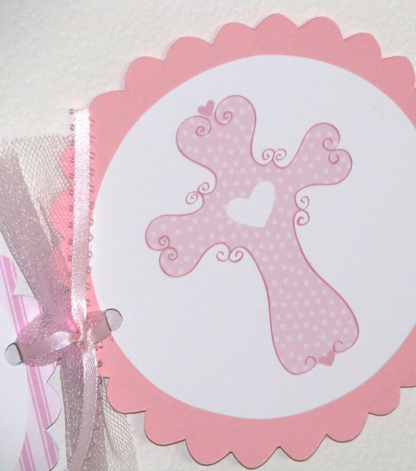 Pink Polka Dotted Cross Christening Baptism or Communion NAME banner- 8 circles Il_170x135