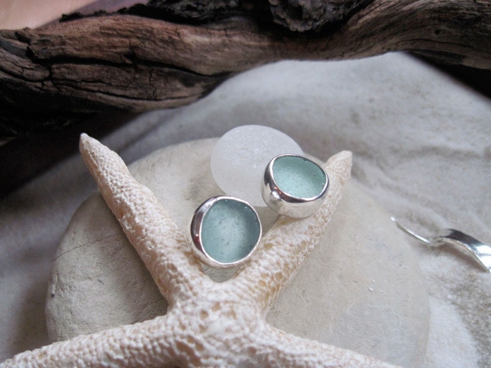 Sea Glass Jewelry - "Fish Eyes" - Sea Foam Bezel Set Sea Glass Stud Earrings - Other Colors Available