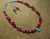 Natural Red Coral Branch Slices and American Blue Turquoise Stone .925 Silver Necklace and Earrings