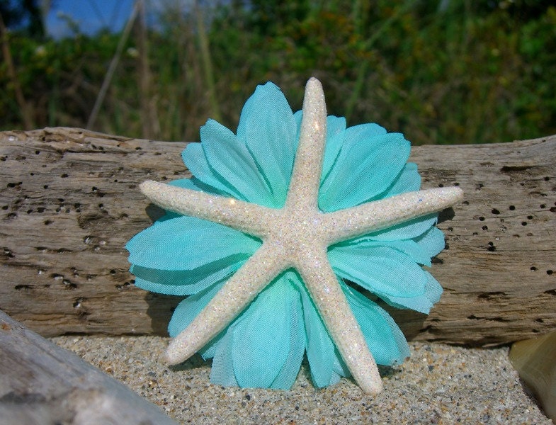 Starfish Hair Clip-Skinny Sparkle Starfish Tiffany Blue Flower Bobby Pin/Hair Slide