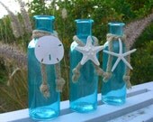 Coastal Cottage Tiffany Blue Glass Bottles-SEA LIFE TRIO-Mother's Day, Beach Home Decor, Seashore, Beach Weddings, Starfish Sand Dollar Home