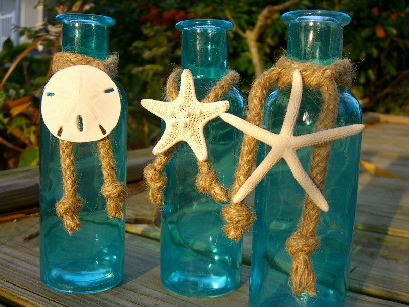 Coastal Cottage Tiffany Blue Glass Bottles-SEA LIFE TRIO-Mother's Day, Beach Home Decor, Seashore, Beach Weddings, Starfish Sand Dollar Home