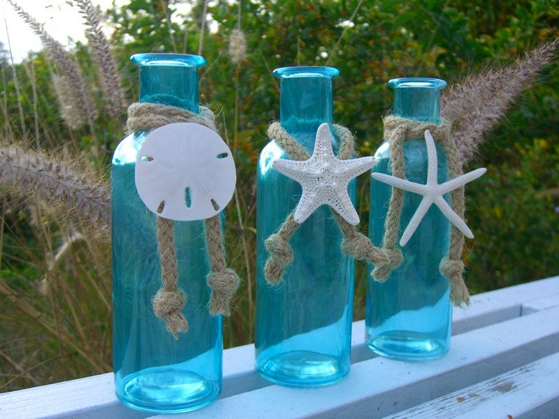 Coastal Cottage Tiffany Blue Glass Bottles-SEA LIFE TRIO-Mother's Day, Beach Home Decor, Seashore, Beach Weddings, Starfish Sand Dollar Home