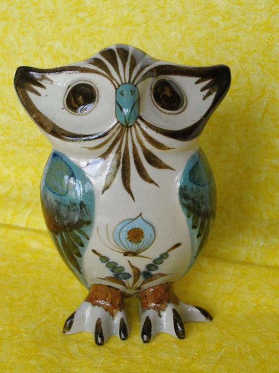 Vintage Folk Art Mexican Owl Pottery Figurine