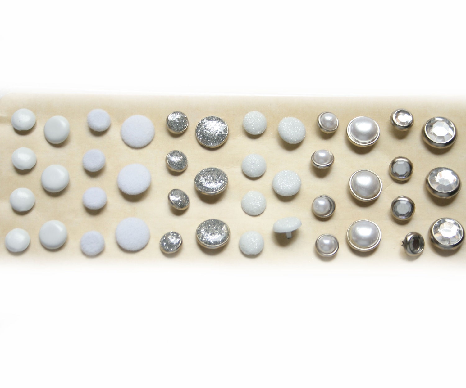 42 Flower Middles in White and Silver - Scrapbooking, Brads, Crystal, Pearl, Buttons