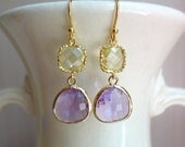 Gorgeous Lavender and Soft Yellow Glass Dangle Earrings. Colorblock Earrings. Spring Earrings. Bridesmaid Earrings.
