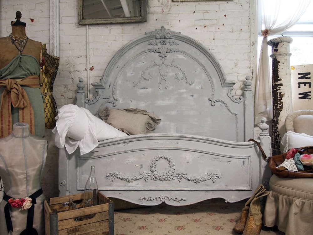 Painted Cottage Chic Shabby Dove Grey Queen Romance Bed - paintedcottages