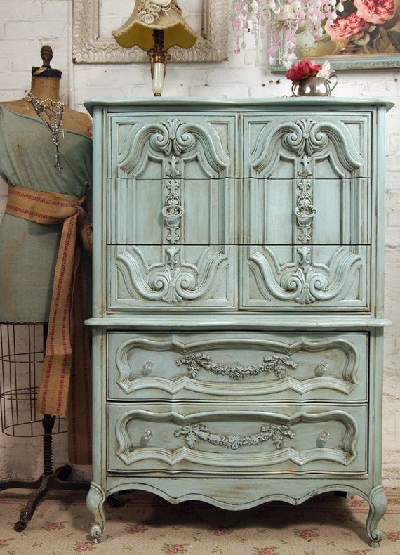 Vintage Painted Cottage Chic Shabby Aqua French Chest CH150