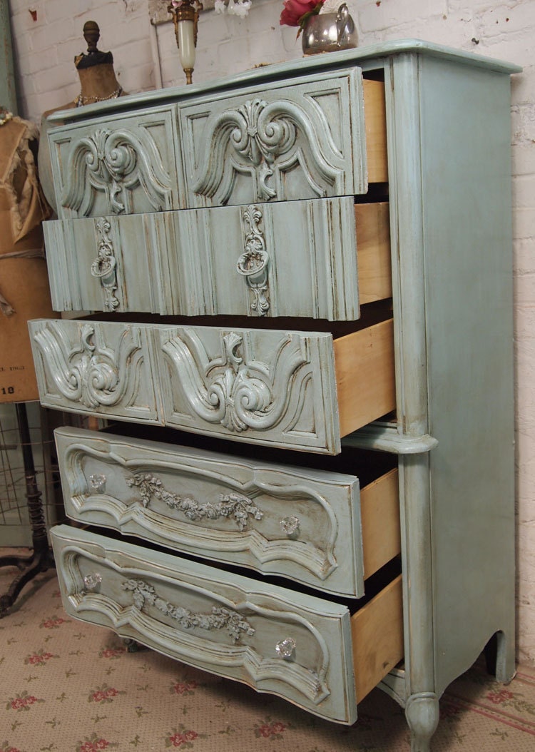 Vintage Painted Cottage Chic Shabby Aqua French Chest CH150