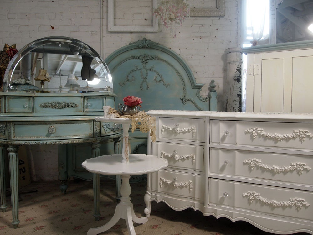 Painted Cottage Chic Shabby Aqua Queen Romance Bed BD205