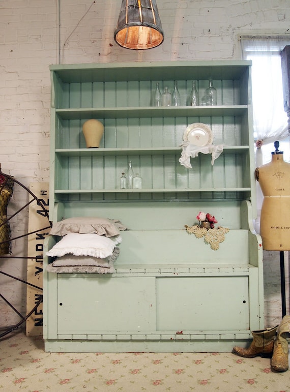 RESERVE ANNE Painted Cottage Chic Shabby Mint Green Farmhouse Hutch CC340