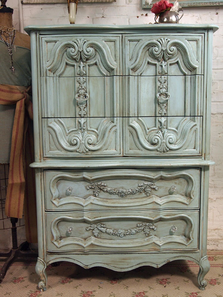 Vintage Painted Cottage Chic Shabby Aqua French Chest CH150