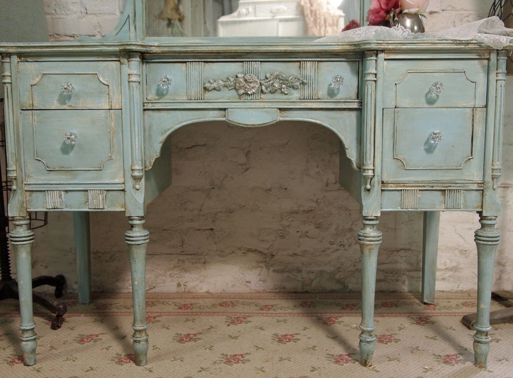 Vintage Painted Cottage Shabby Aqua Chic Vanity VAN124